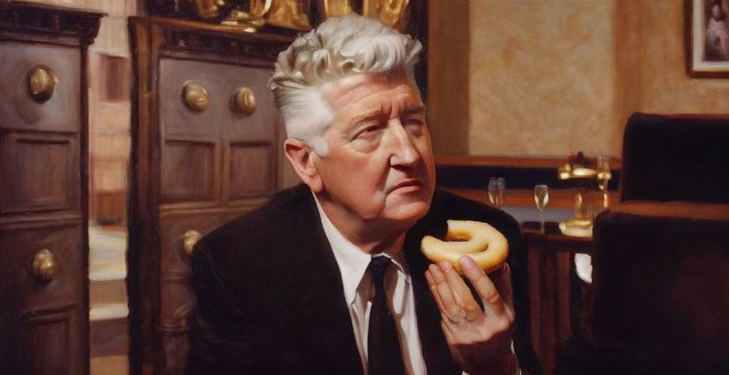 Silver-Haired Man Contemplating Donut in Classic Room