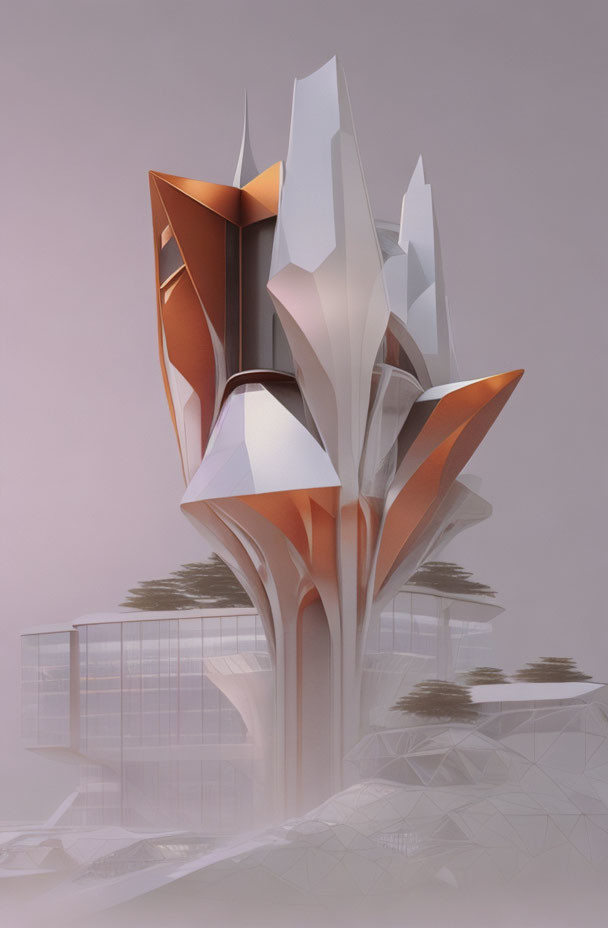 Abstract Futuristic Building with White and Copper Tones and Transparent Walls