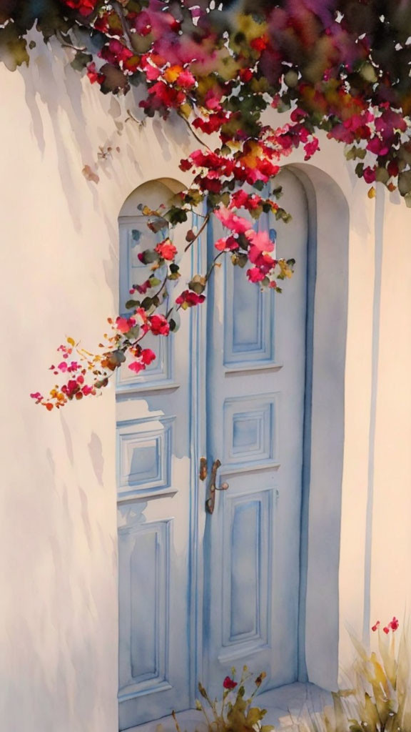 Pale Blue Door with Colorful Hanging Flowers on White Wall