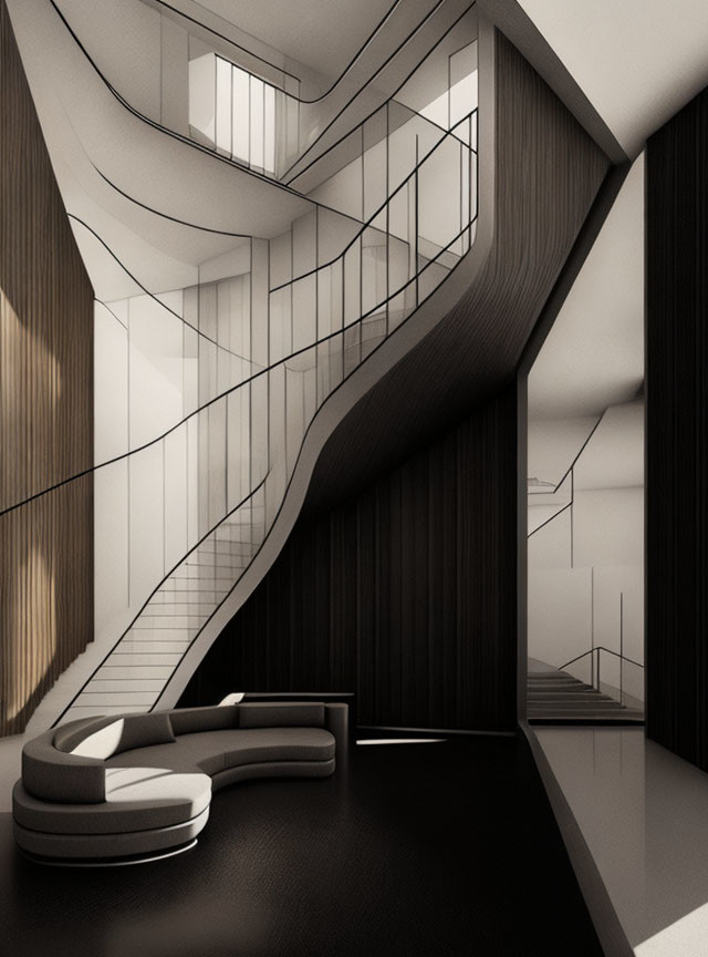 Modern monochrome interior with curved wood staircase and wire balustrades.