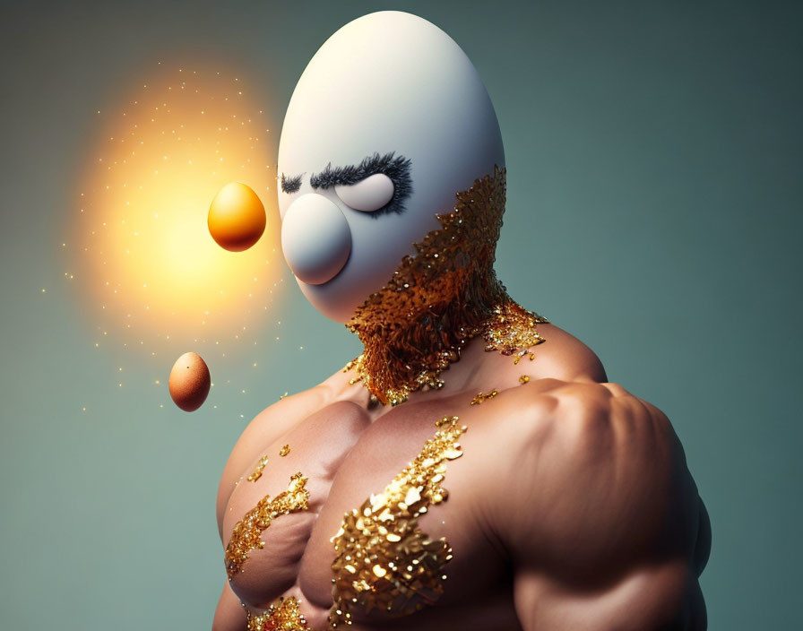 Muscular animated figure with raised eyebrow and floating orange sphere.