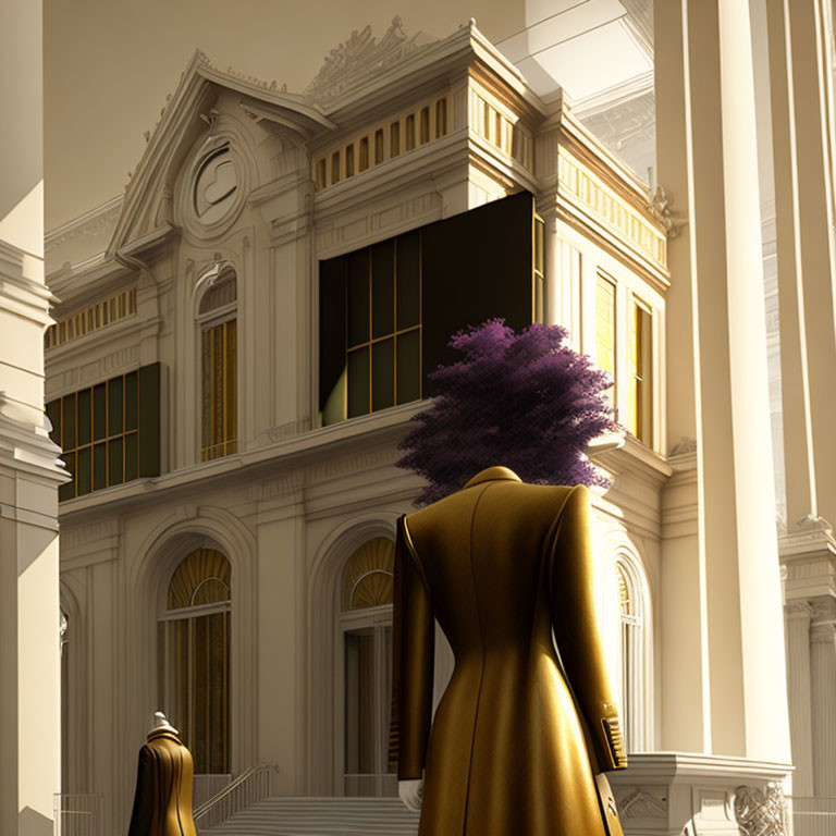 Stylized image of person in golden coat and purple hair admiring classical building