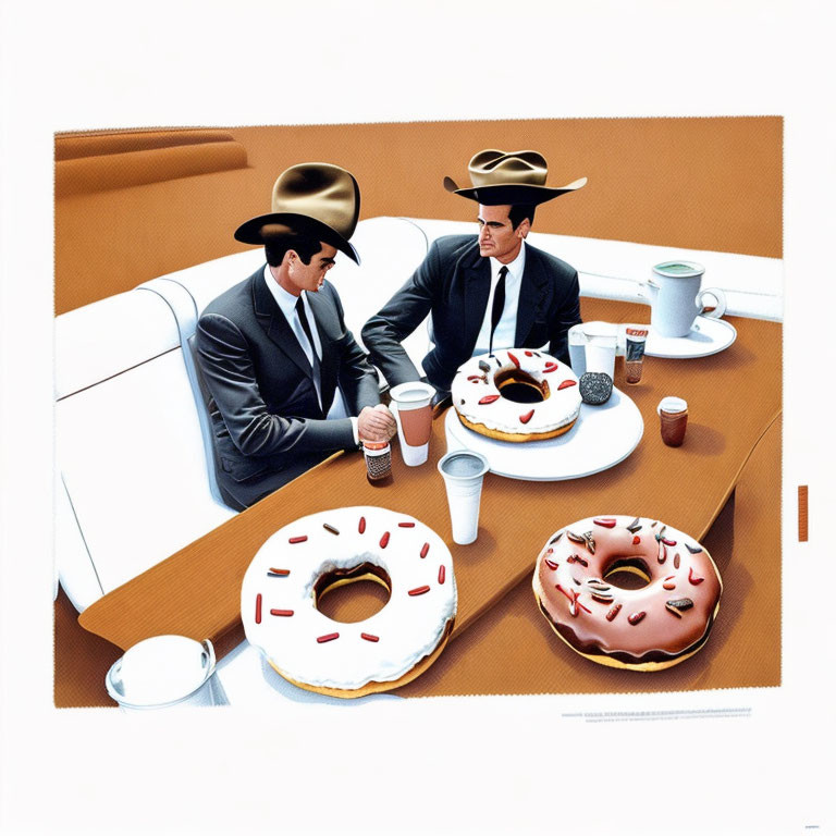 Two Men in Suits and Cowboy Hats with Oversized Donuts and Coffee