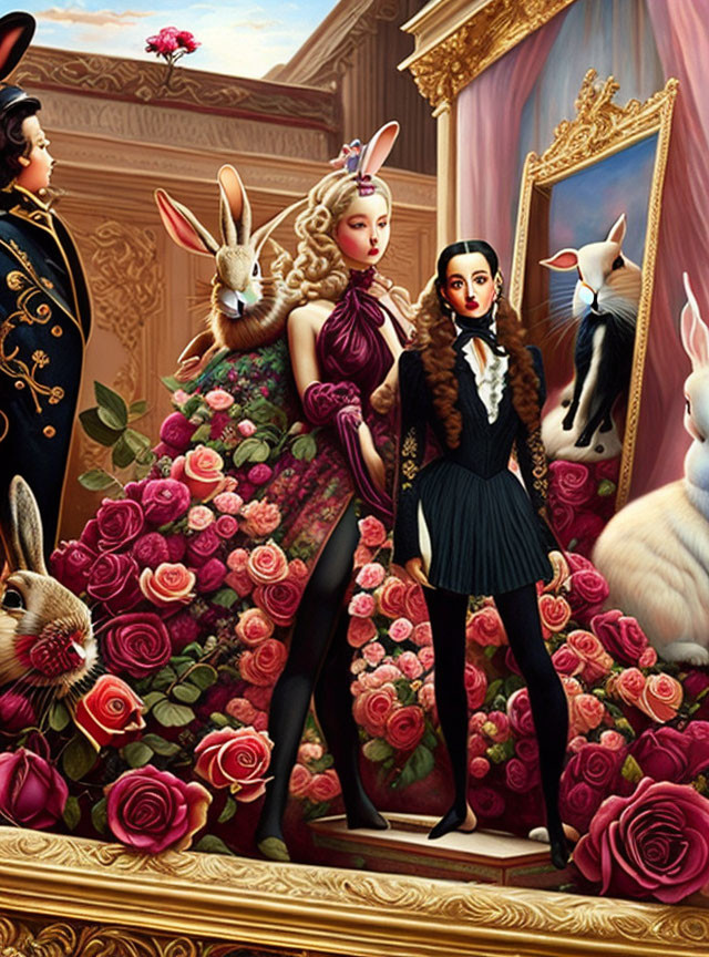 Formal attire couple surrounded by roses and rabbits in surreal artwork.