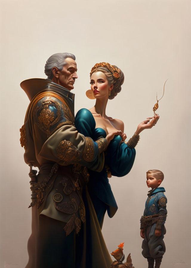 Historical regal couple and boy in armor and blue dress pose nobly