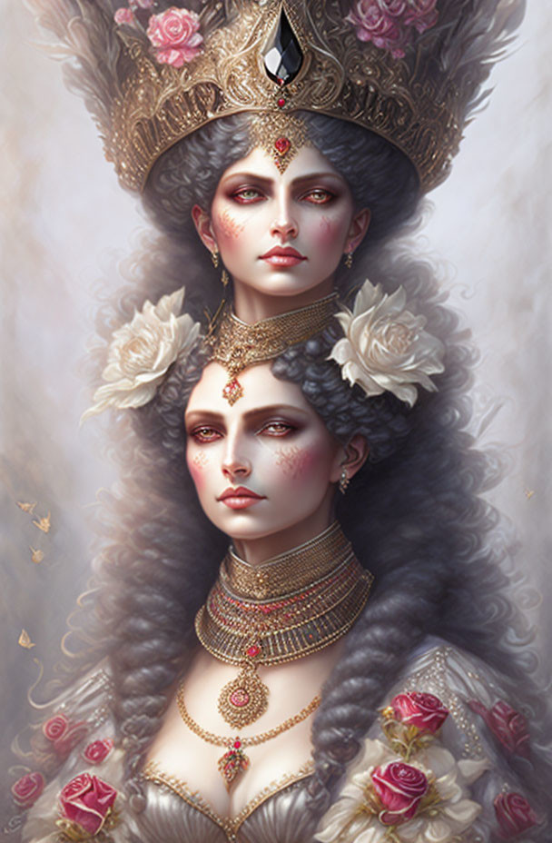 Regal women in ornate attire against misty backdrop