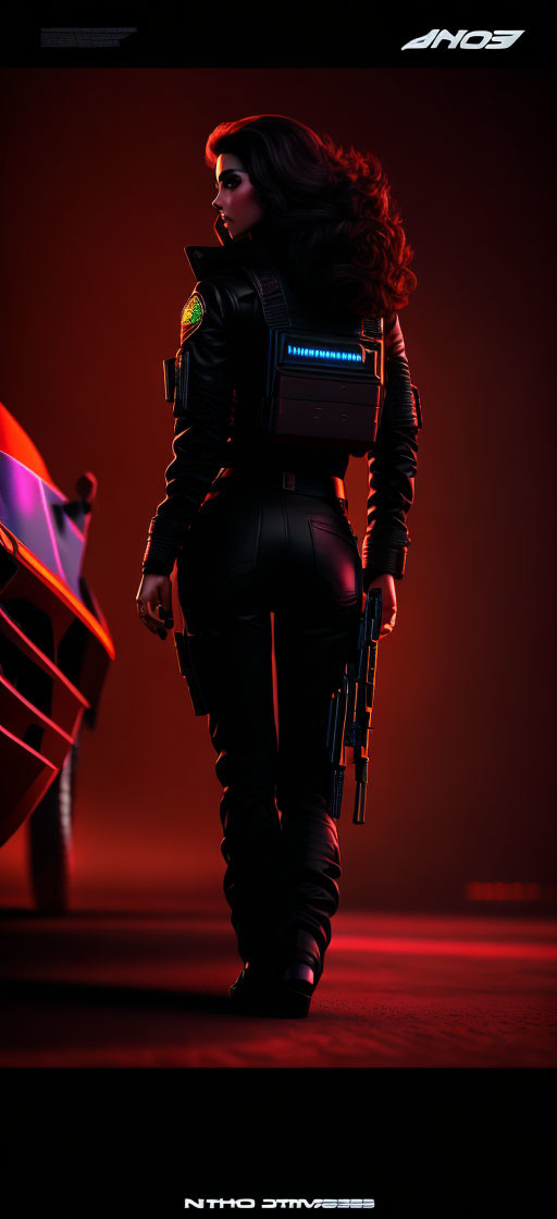 Futuristic female figure in black armor suit with high-tech weapon in red-lit scene