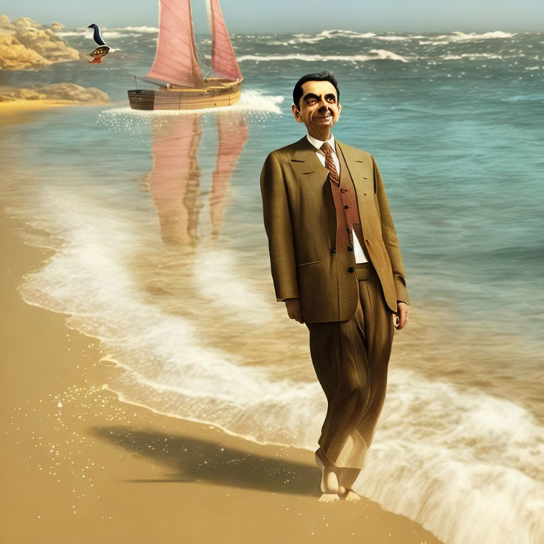 Surreal image of man with exaggerated smile on beach.