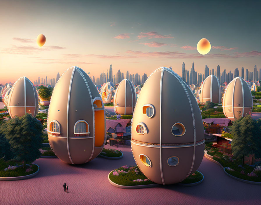 Futuristic cityscape at dusk with egg-shaped buildings and dual moons