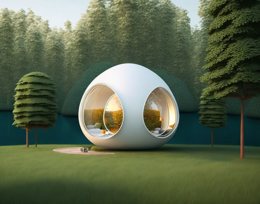 Futuristic spherical pod house with large round windows in serene forest.