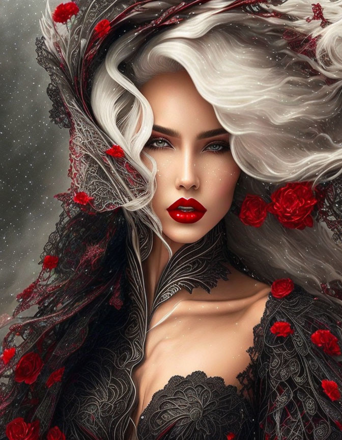 Digital art portrait of woman with white hair, red lips, roses, black lace, and snowy background