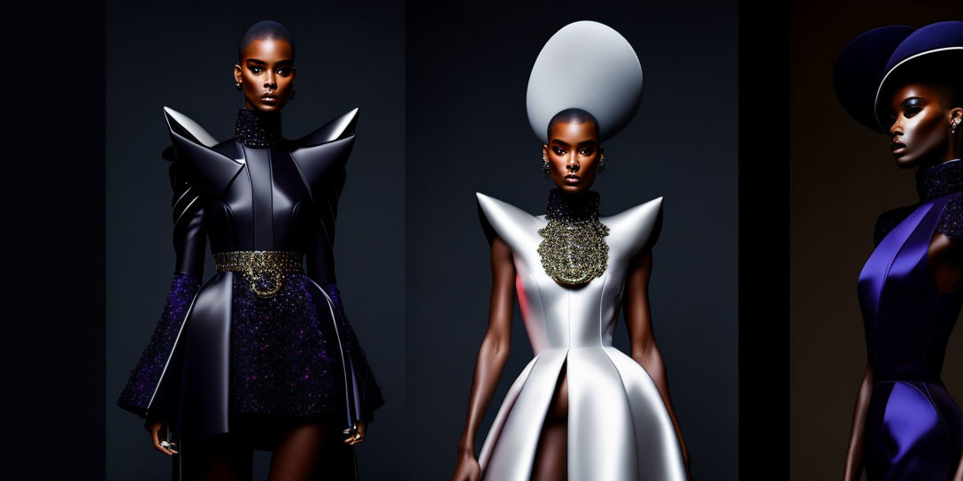 Avant-garde Triptych: Model in Exaggerated Outfits