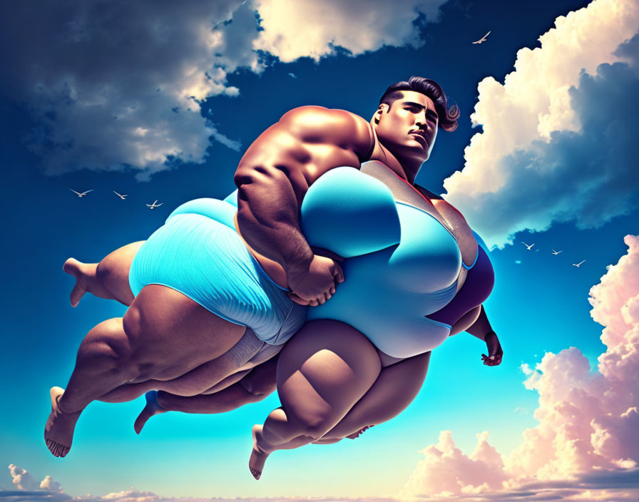 Exaggeratedly muscular man flying with large woman in digital illustration