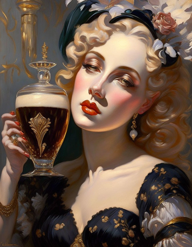 Vintage Hairstyle Woman Holding Beer Glass in Black and Gold Outfit