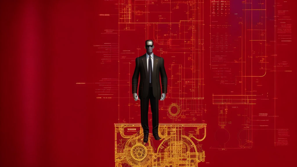 Stylized illustration of a man in suit with shades on red background with yellow schematics