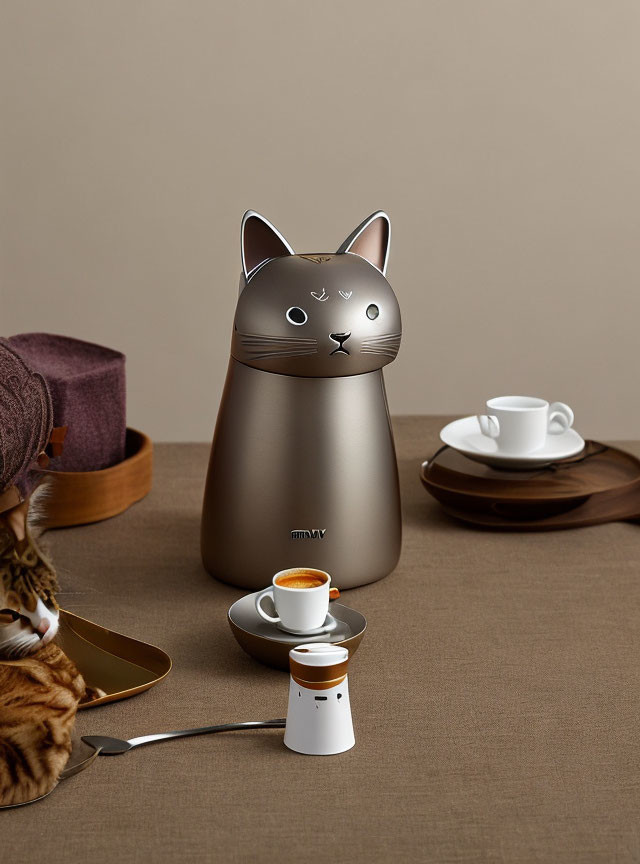 Cat-shaped Coffee Machine with Espresso Cups and Cat Decor on Table