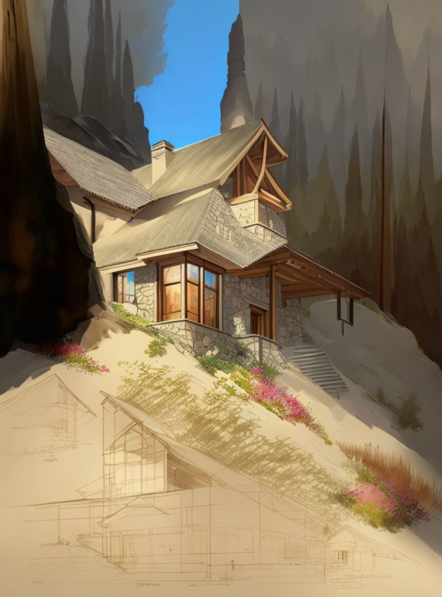 Cozy Mountain House with Stone and Wood Architecture Sketches