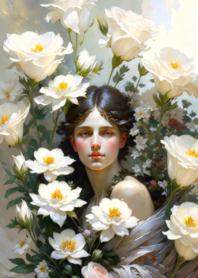 Dark-Haired Woman Surrounded by White Flowers and Diadem