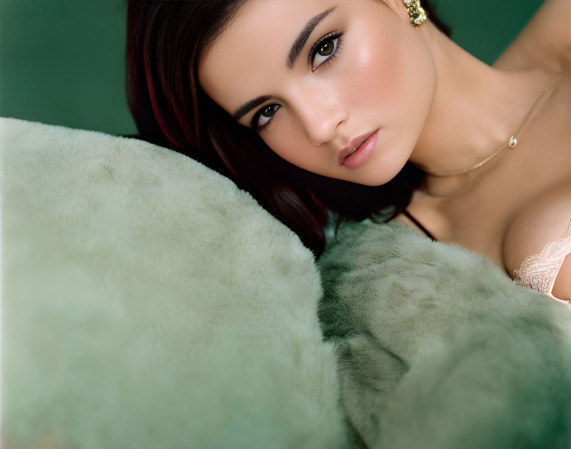 Dark-haired woman with subtle makeup and delicate necklace posing against soft green background.