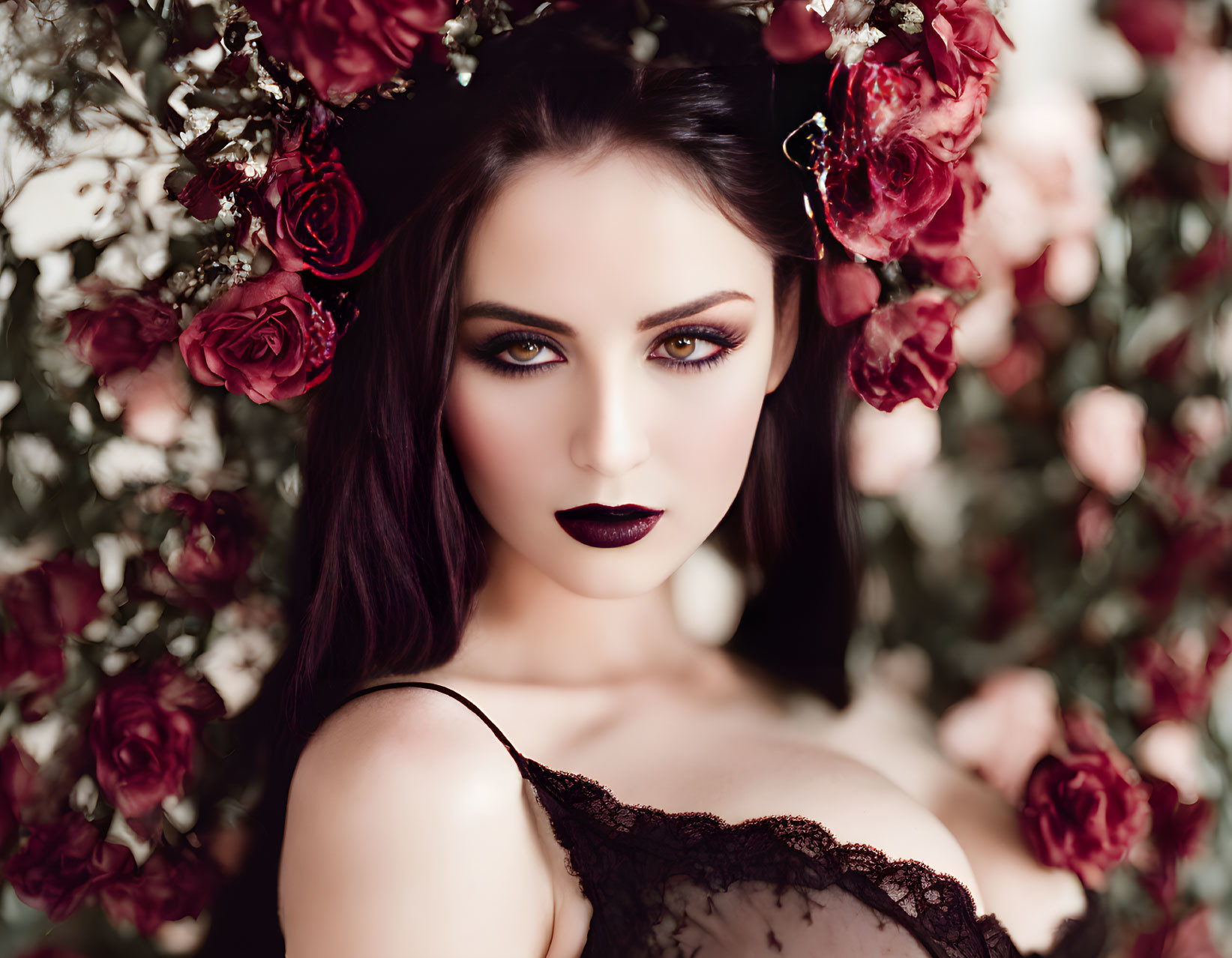 Dark-haired woman with makeup among deep pink roses: mysterious and romantic ambiance