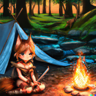 Animated girl with fox ears at campfire in mystical forest with fox companion