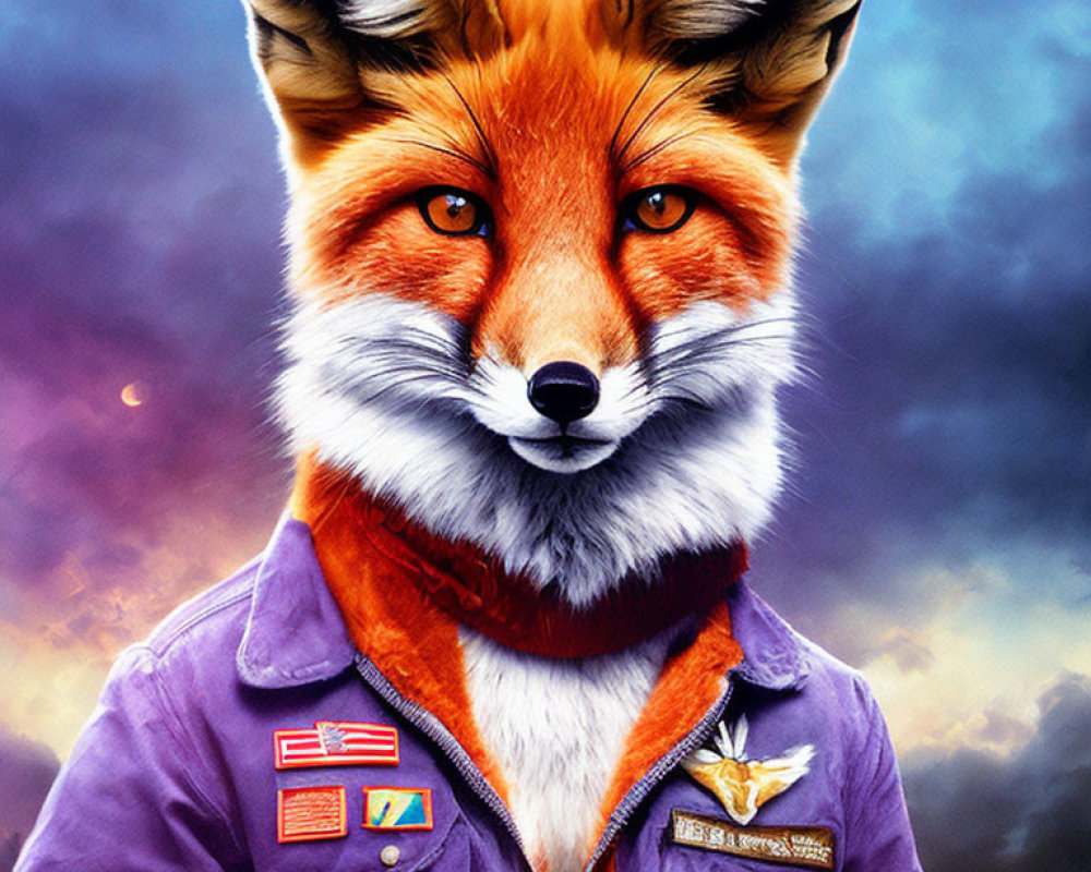 Detailed anthropomorphic fox illustration in pilot jacket with badges on dramatic sky.