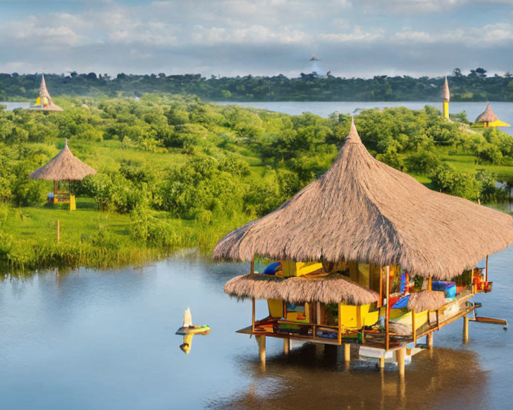 Traditional Stilted Thatched-Roof Structures Overlooking Lake and Greenery