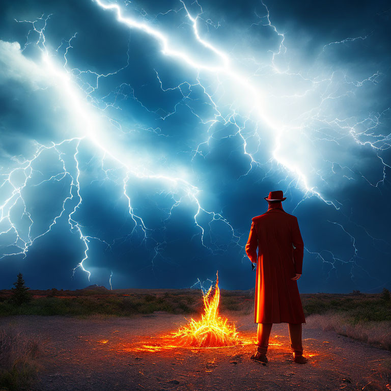 Person in Red Coat by Campfire Under Dramatic Lightning