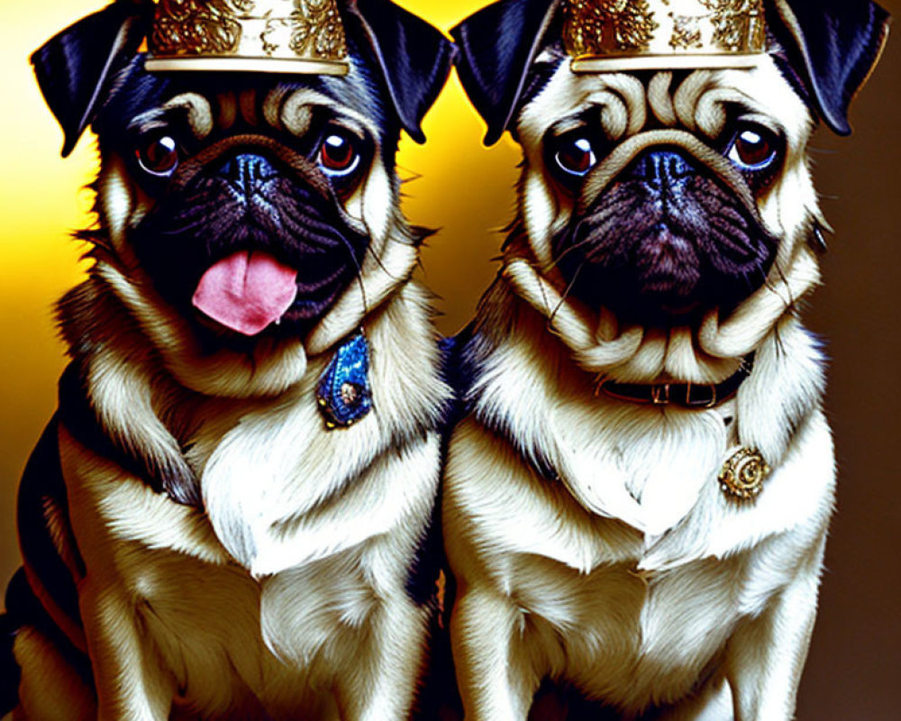 Two pugs in golden crowns and regal necklaces on yellow backdrop