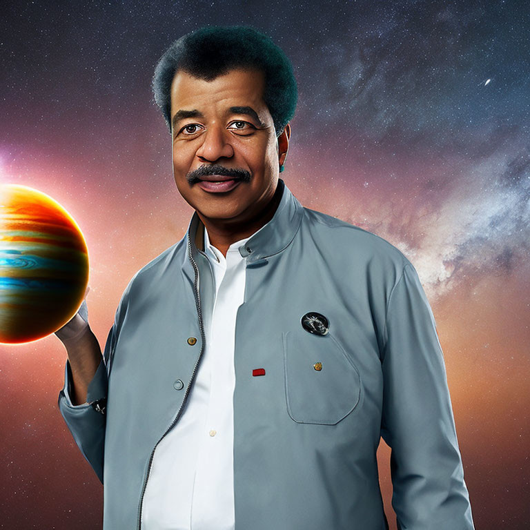 Man holding planet model against cosmic starry background, astronomy-themed pin.