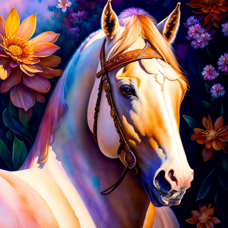 Palomino horse with decorative bridle in floral setting on purple backdrop