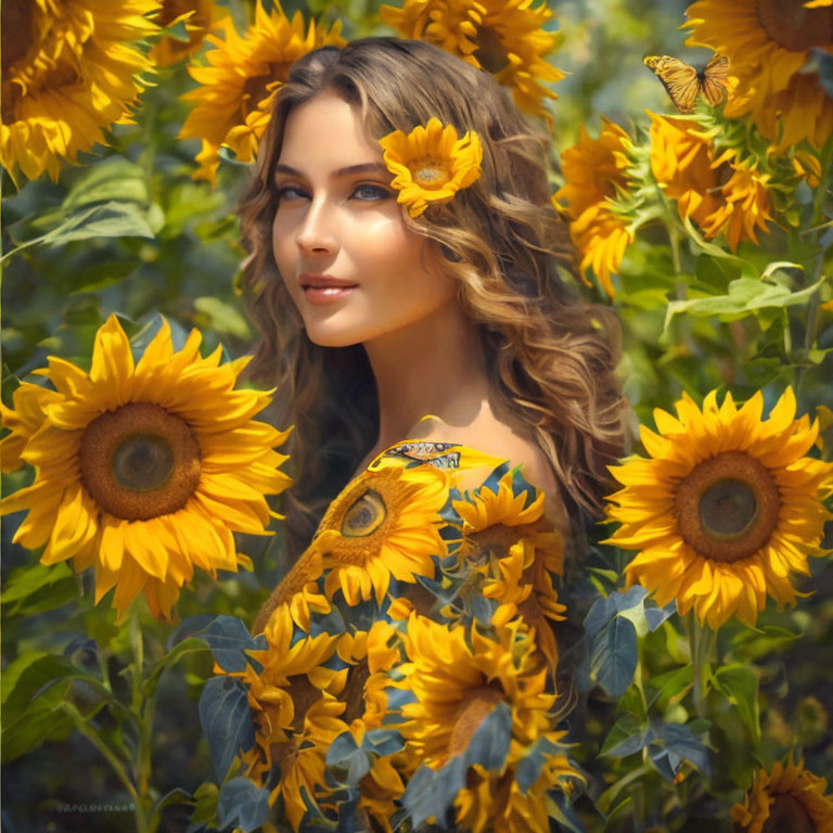 Woman with wavy hair in sunflower field wearing sunflower print dress, butterfly and sunflowers in