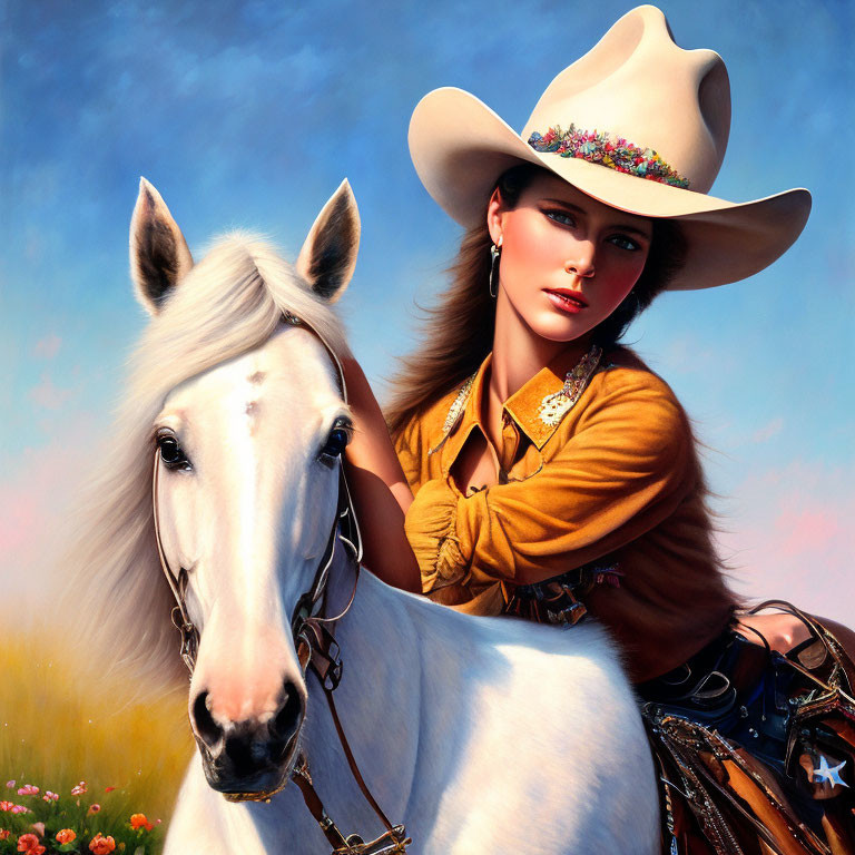 Cowboy hat woman rides white horse under blue sky