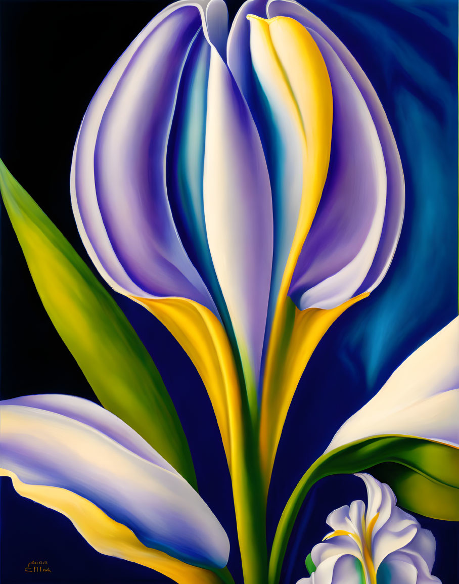 Colorful Stylized Purple and White Flower Painting on Dark Blue Background