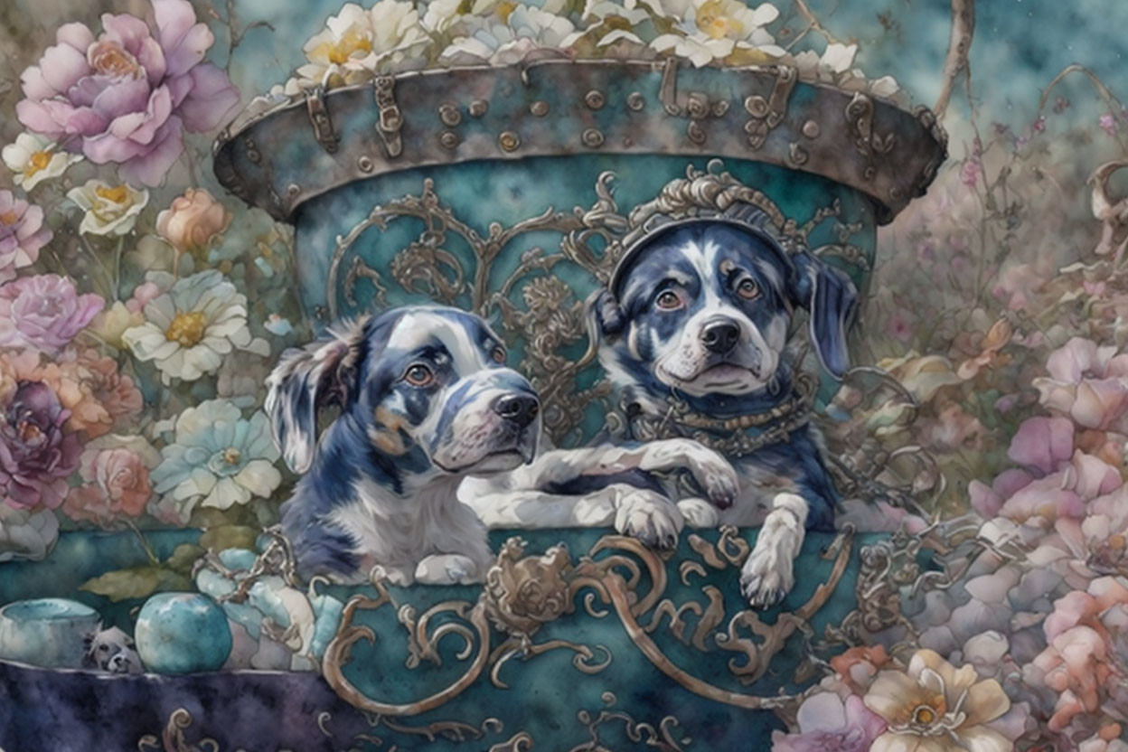 Two dogs in antique bathtub with colorful flowers in whimsical setting