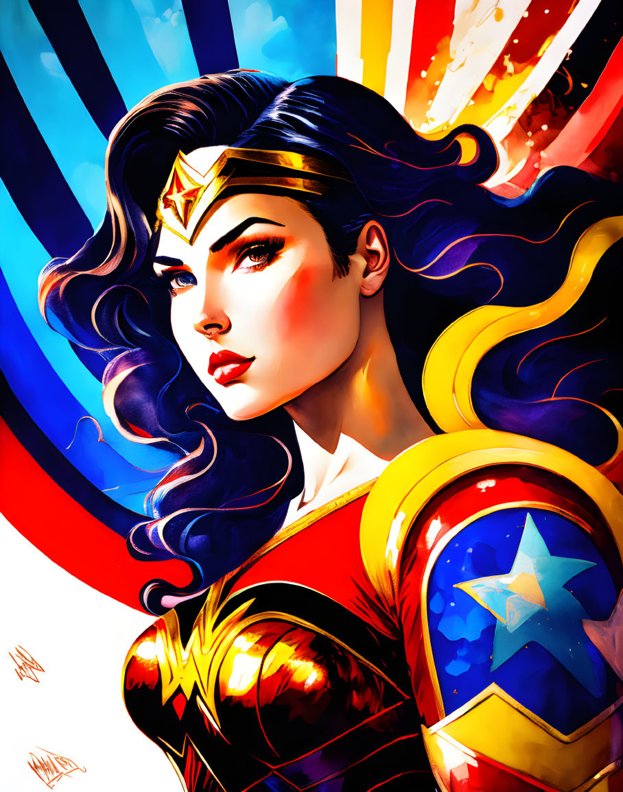 Vibrant Wonder Woman illustration with flowing dark hair and iconic costume