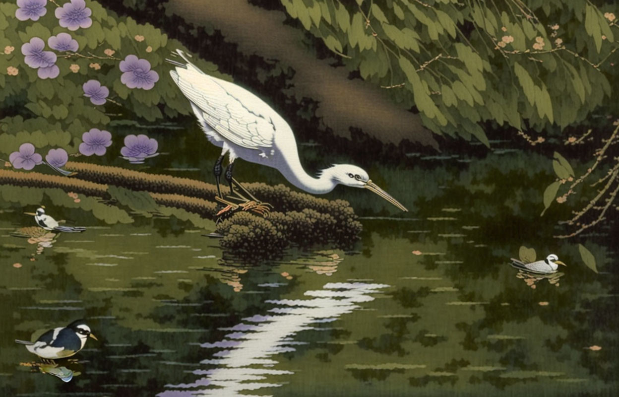 Tranquil scene with egret, ducks, and blossoming flowers reminiscent of traditional Japanese painting