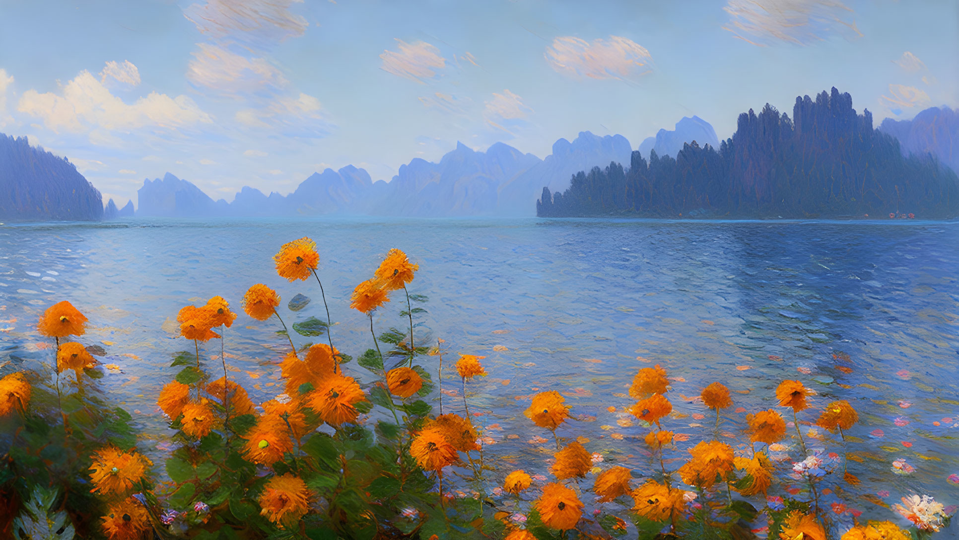 Tranquil Lakeside Scene with Orange Flowers and Mountain Silhouettes