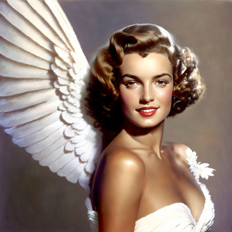 Vintage portrait of woman with angel wings and wavy hair in white dress - classic beauty