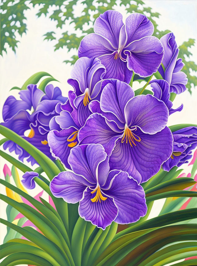 Purple Orchids Painting with Yellow Centers and Green Foliage