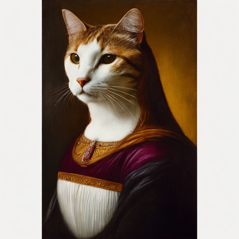 Cat portrait in human attire with solemn expression on dark background