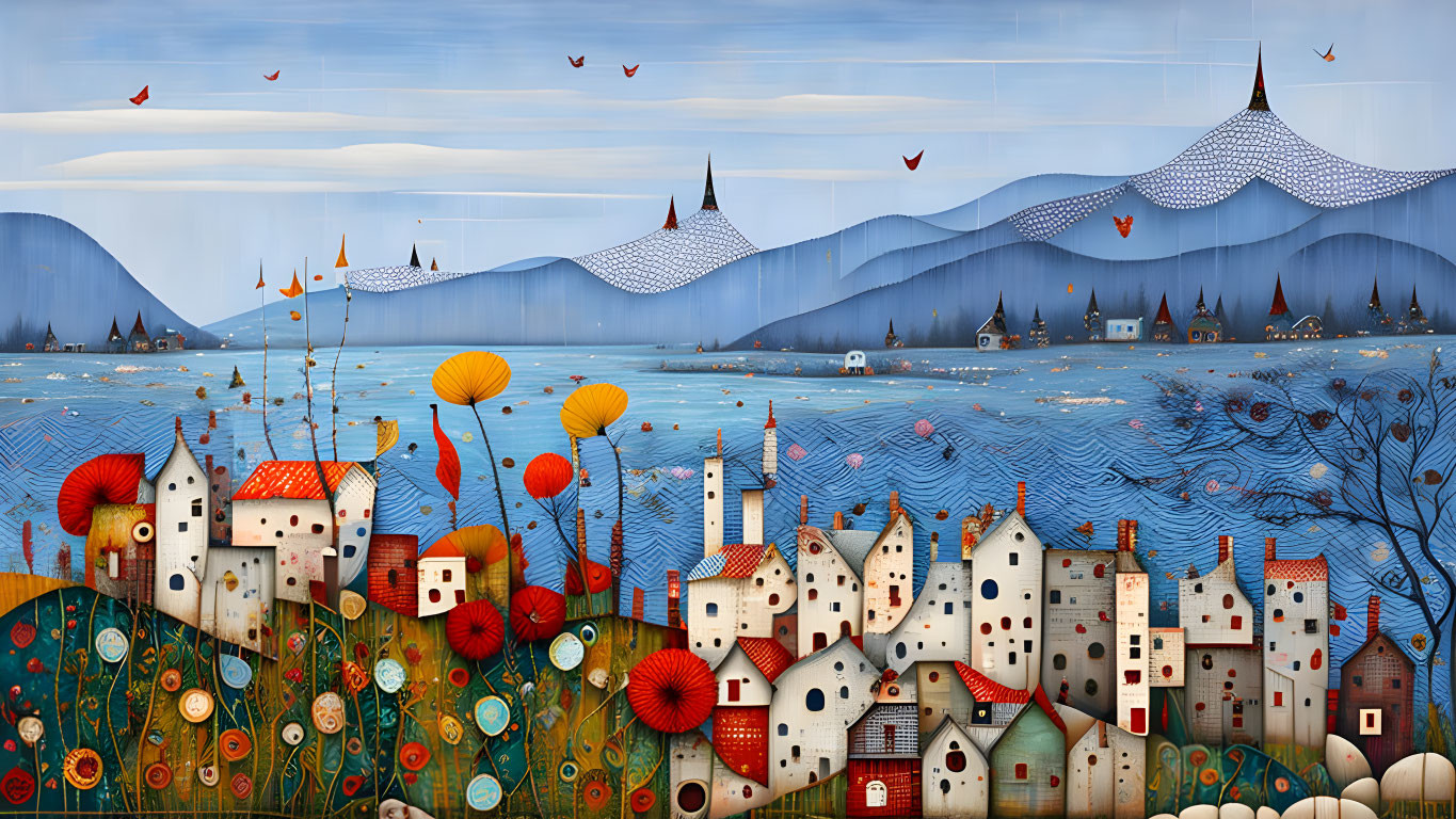 Colorful Coastal Village Painting with Patterned Hills and Birds