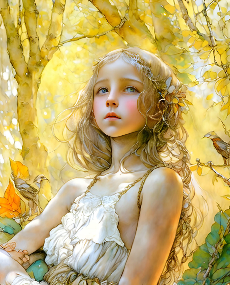 Young girl with wavy hair in autumnal forest with birds and golden light