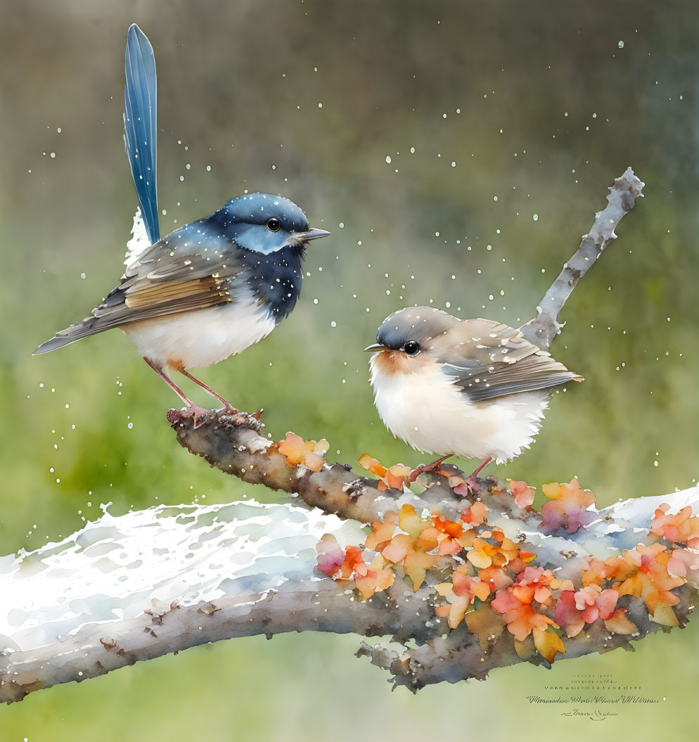 Colorful flowers and perching birds with vibrant blue tail feather on branch.