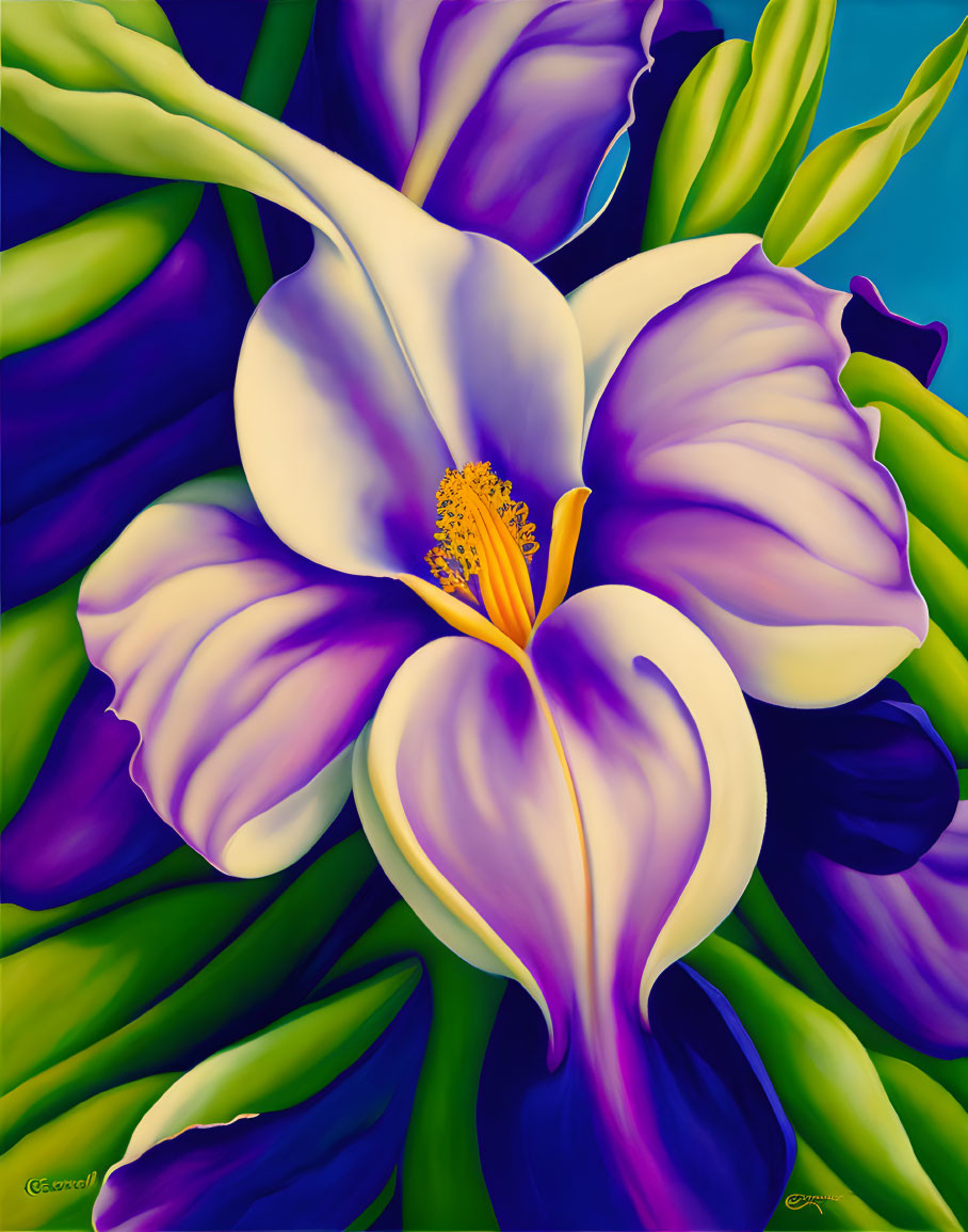 Large purple and white iris flower painting with yellow accents on blue background