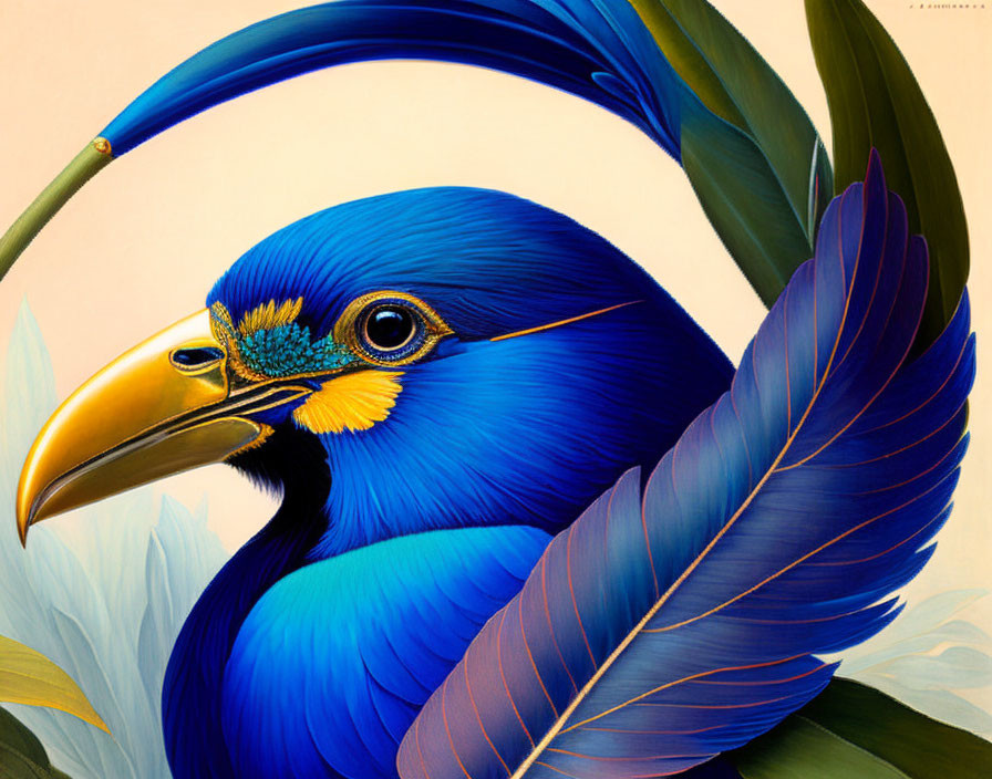 Detailed Blue Bird Illustration with Yellow Beak & Intricate Feathers