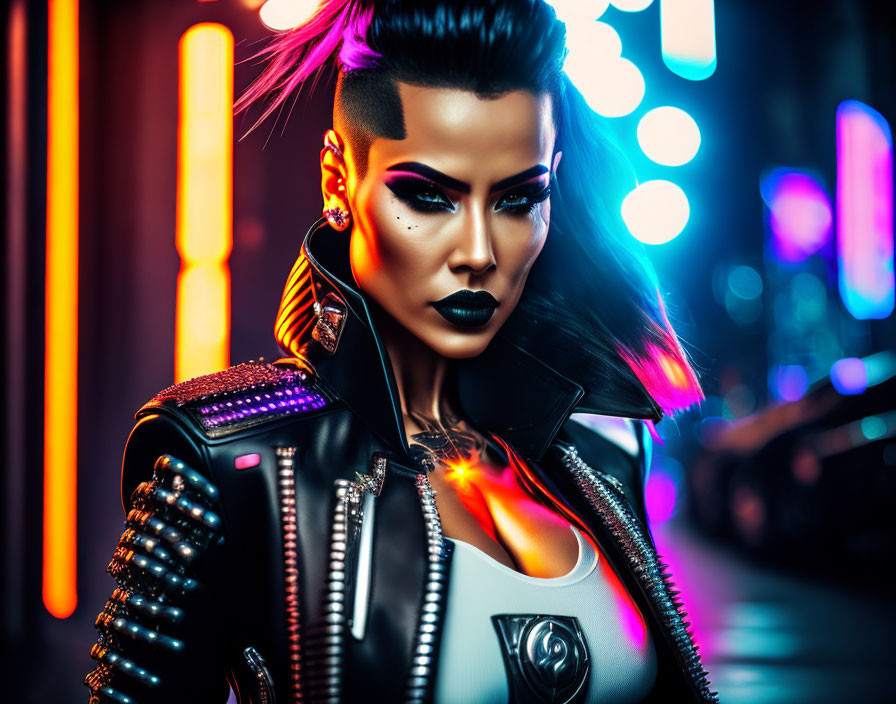 Dramatic pose with bold makeup and spiked jacket in neon-lit city