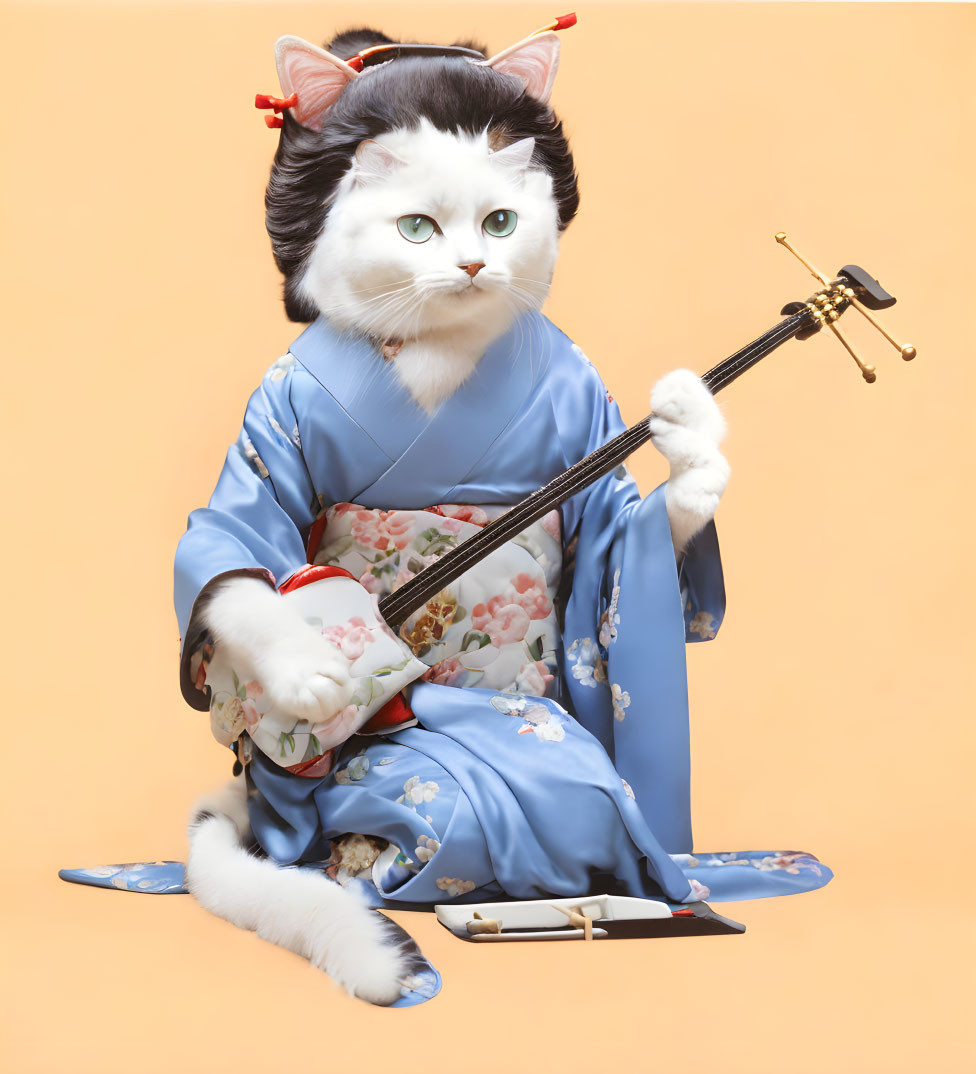 Cat in blue floral kimono playing shamisen on peach background