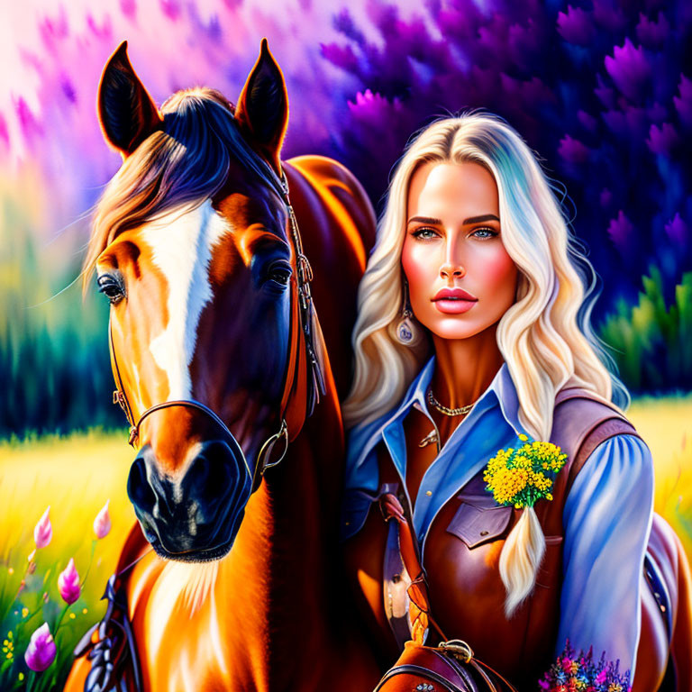 Blonde woman and brown horse in purple flower field at sunset