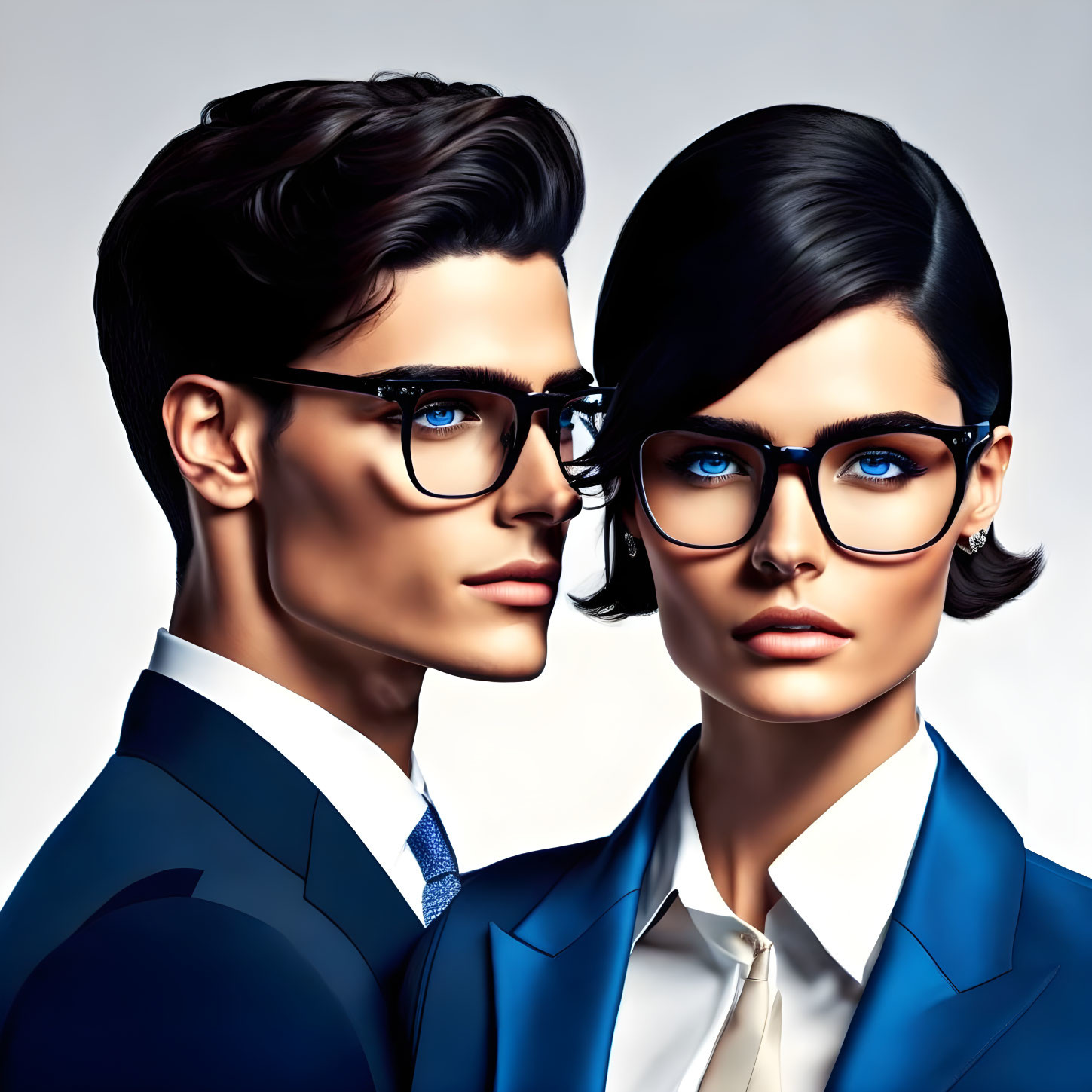 Detailed Stylized Illustration of Man and Woman in Business Attire with Sharp Features and Glasses on